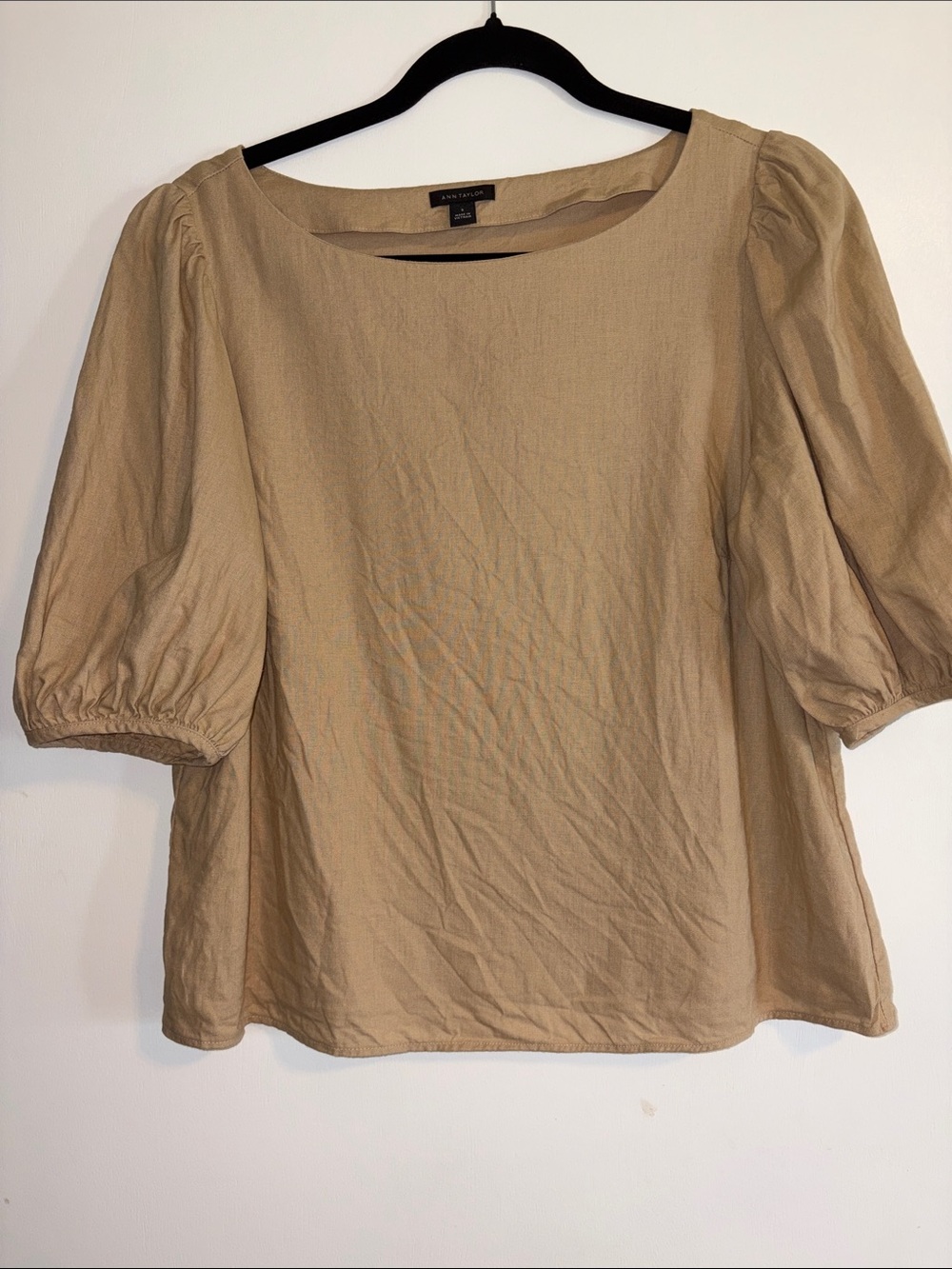 Ann Taylor Tan Puff Sleeve Linen-Blend Blouse